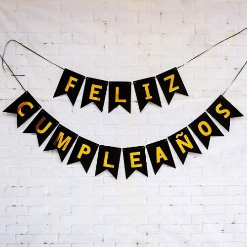 BANDERINES FELIZ CUMPLEAÑOS NEGRO/DORADO